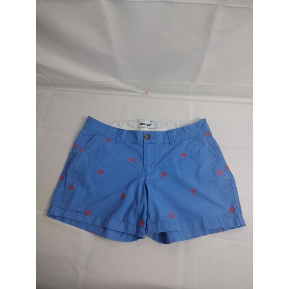 Old Navy Chino Shorts Women 6 Blue Salmon Colored Palm Trees Flat Front RN54023